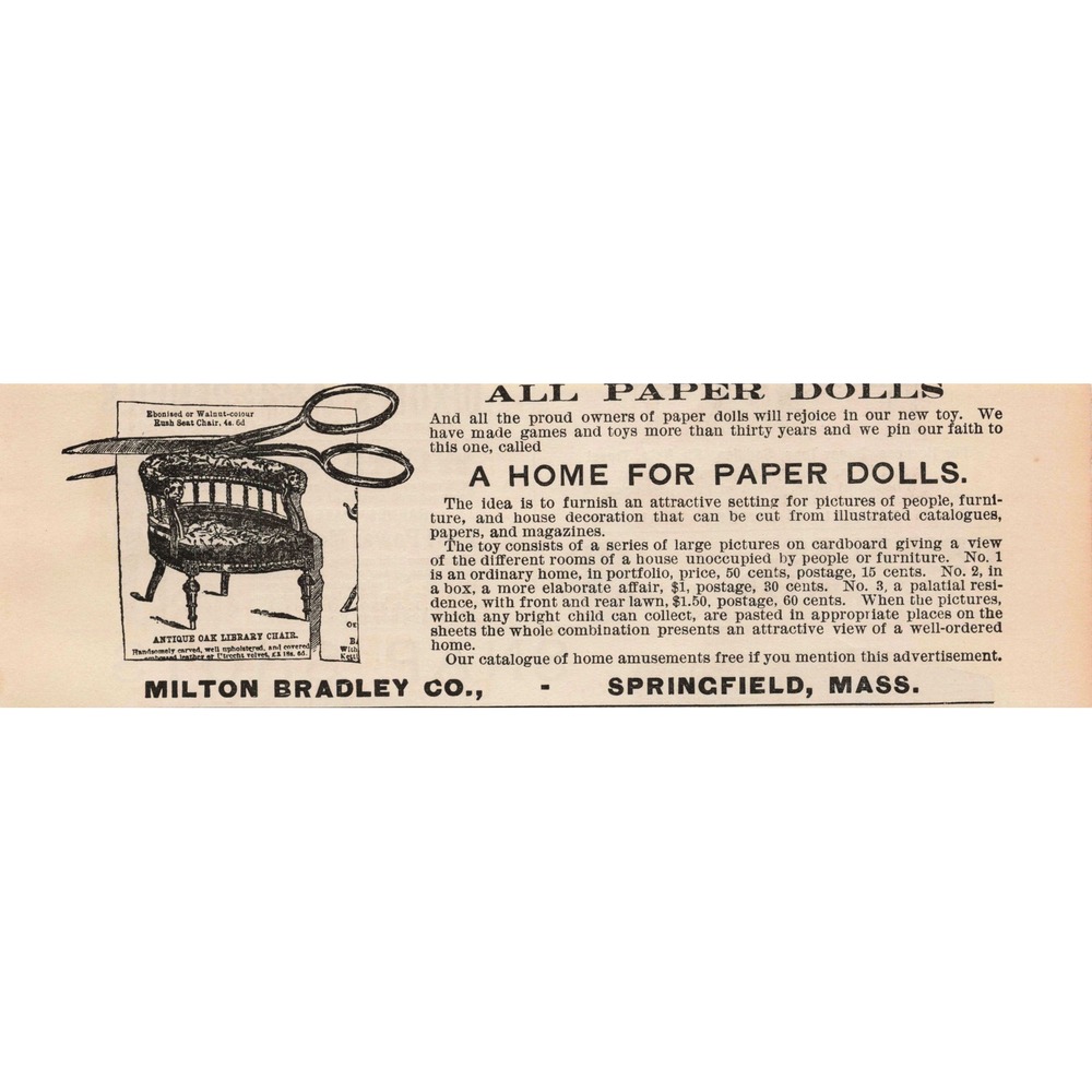 1891 Milton Bradley Co All Paper Dolls A Home For Paper Dolls Print Ad - Picture 1 of 1